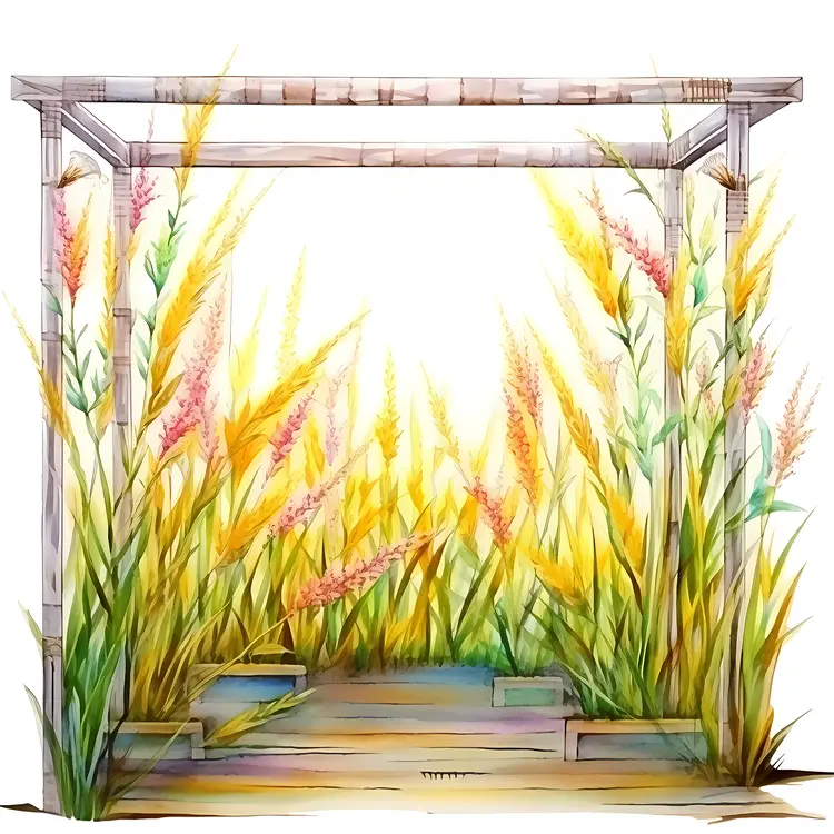 Wooden Pergola in a Garden with Tall Grass and Flowers