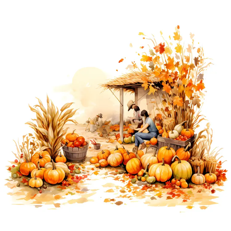 Autumn Harvest Scene with People