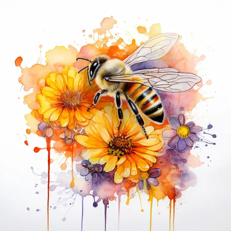 Bee with Colorful Flowers in Watercolor Style