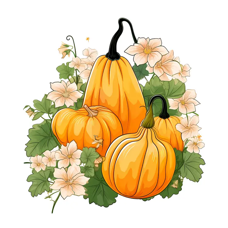 Beautiful Pumpkins with Flowers Illustration