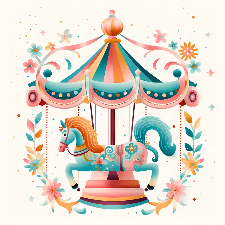 Colorful Carousel Illustration with Floral Decorations