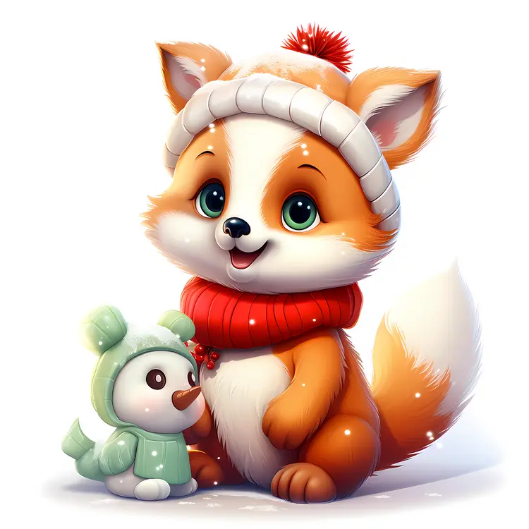 Cute Fox with Red Scarf and Toy