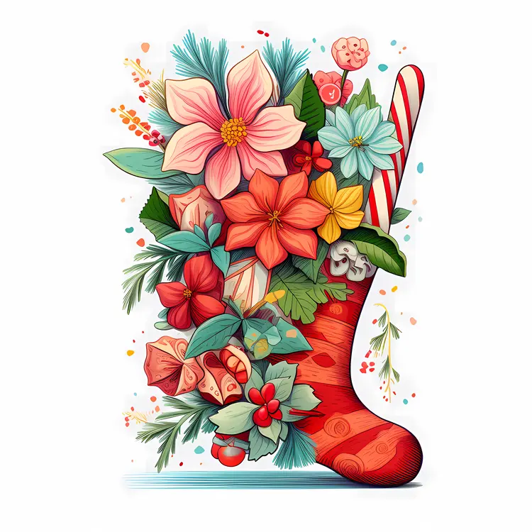 Red Christmas Stocking with Flowers and Candy Cane
