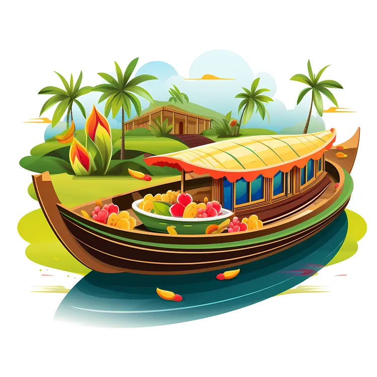 Tropical Boat with Fruits in a River Scene