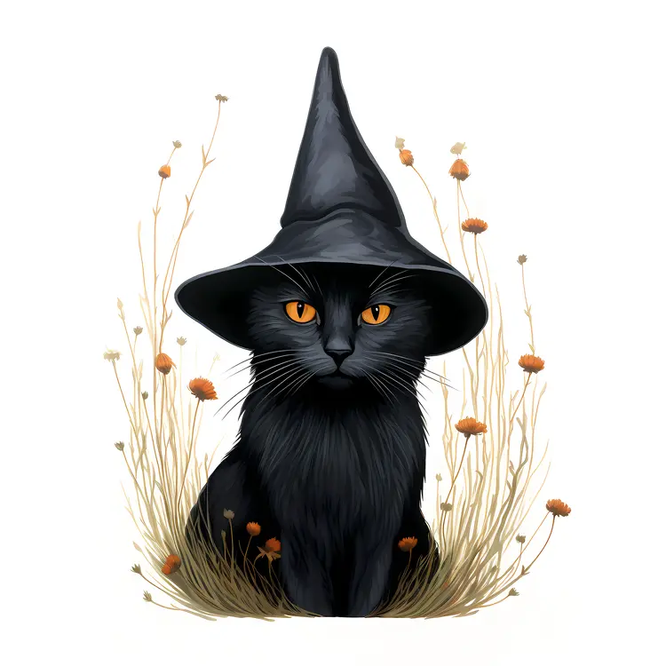 Black Cat with Witch Hat in Halloween Setting
