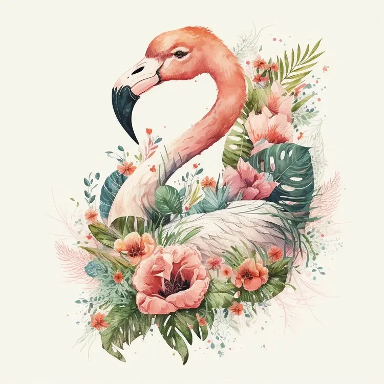 Beautiful Flamingo with Tropical Flowers