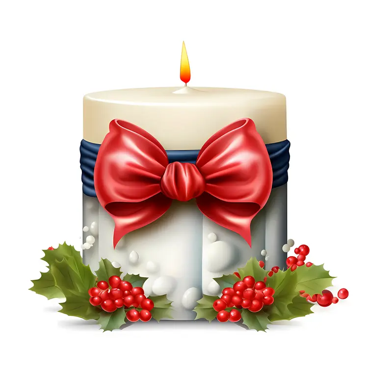 White Candle with Red Bow and Holly