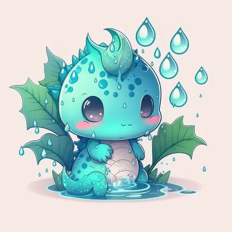 Cute Dragon with Leaves and Water Droplets