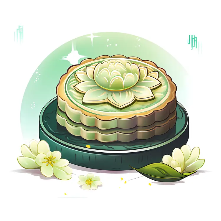 Green Mooncakes with Flower Design on Plate