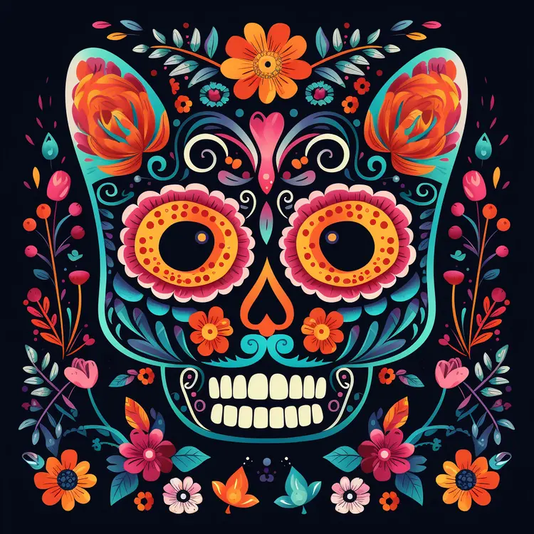 Colorful Sugar Skull with Floral Patterns for Day of the Dead