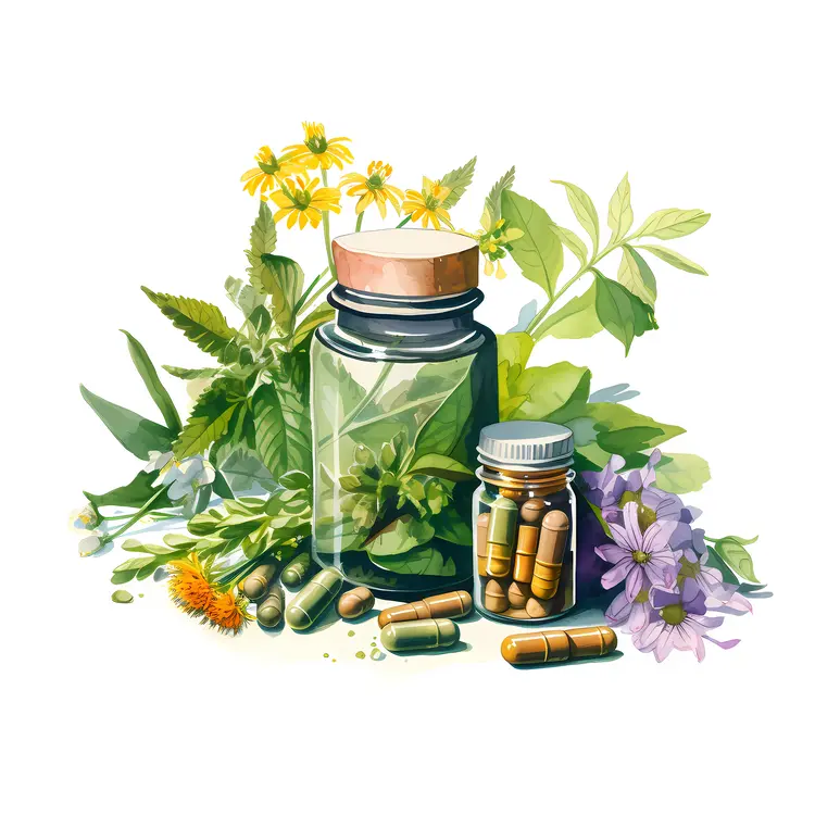 Herbal Supplements with Bottles and Capsules