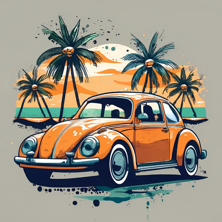 Orange Car with Palm Trees and Sunset