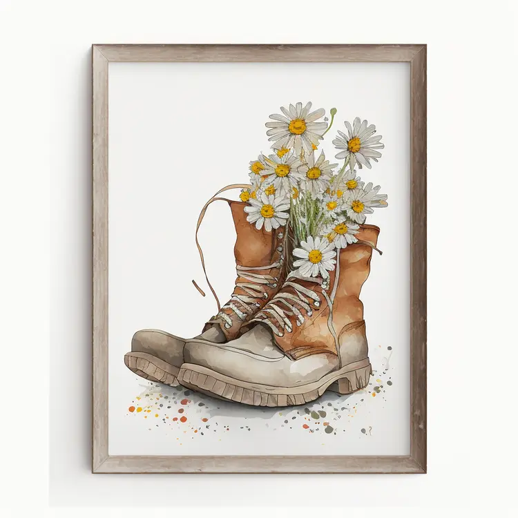 Vintage Boots with Daisies in a Frame