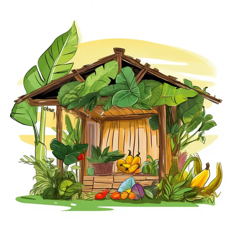 Tropical Hut with Fruits and Vegetables