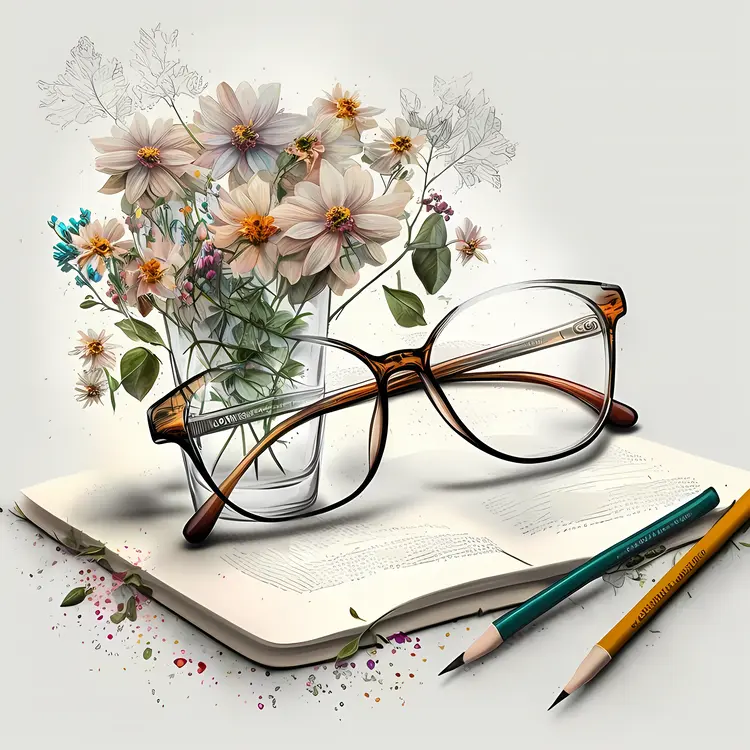 Books and Flowers with Glasses and Pencils
