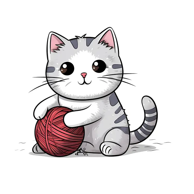 Cute Cartoon Cat Playing with Yarn Ball