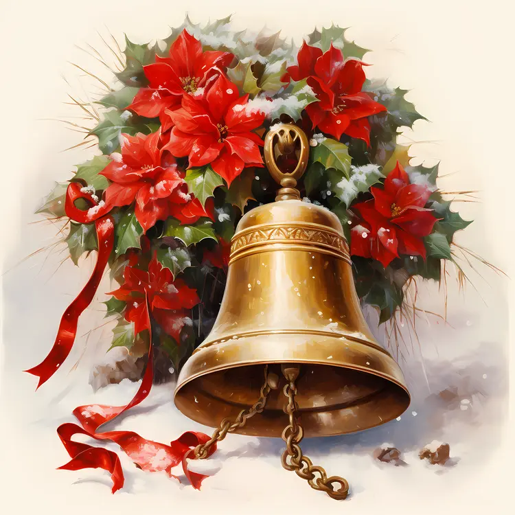 Christmas Bell with Poinsettia and Red Ribbon