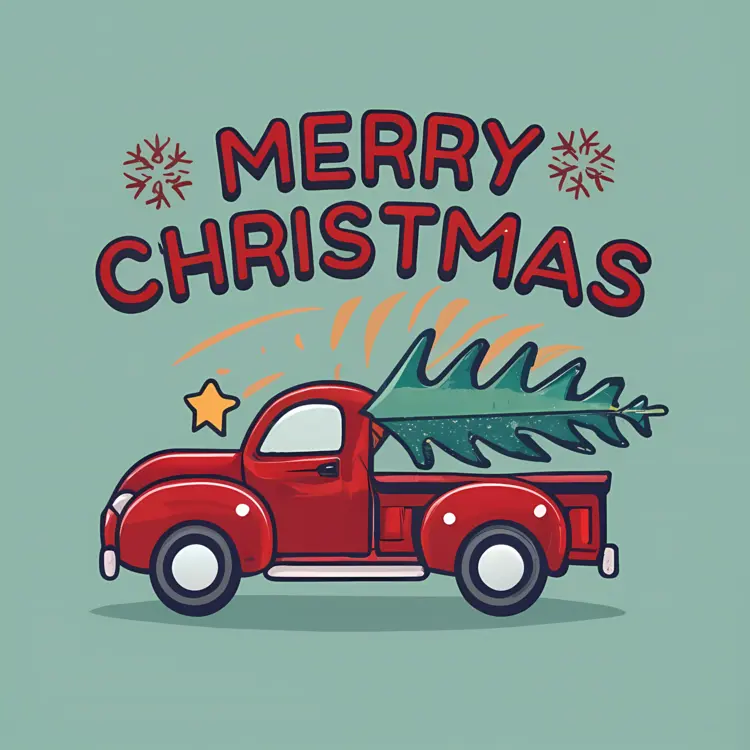 Red Truck with Christmas Tree and Merry Christmas Text