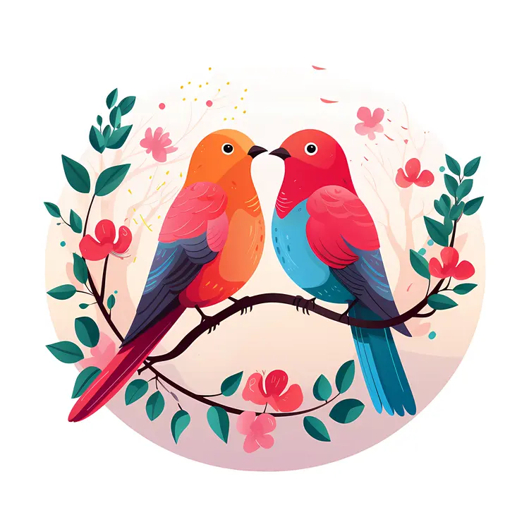 Colorful Birds on a Branch with Blossoms
