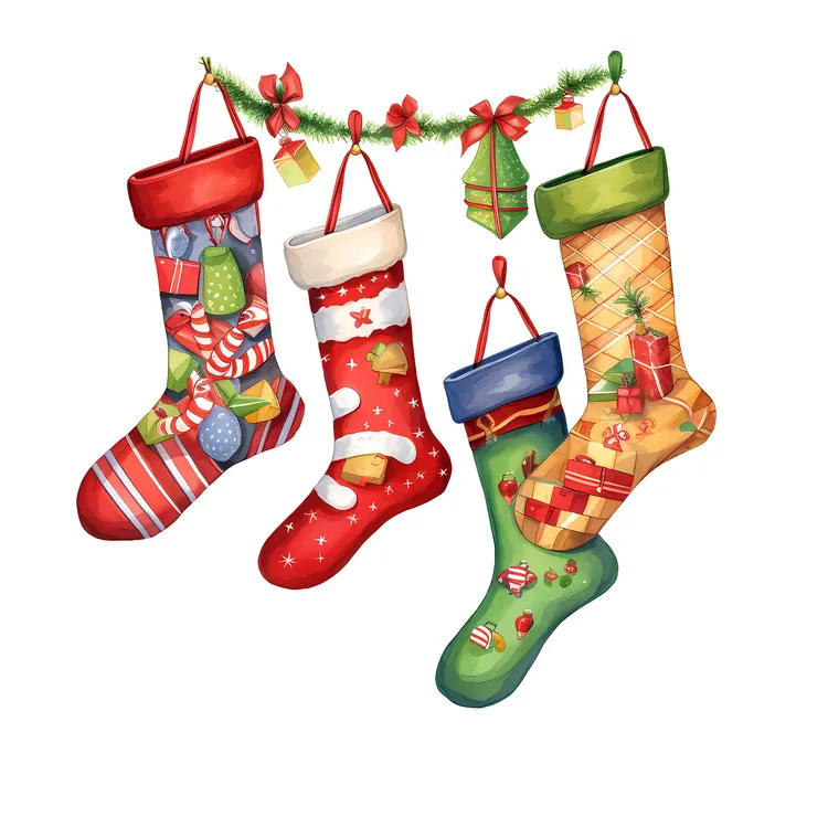 Festive Christmas Stockings with Gifts and Garland