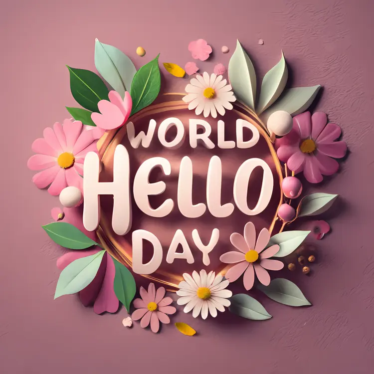 World Hello Day with Pink Flowers and Green Leaves