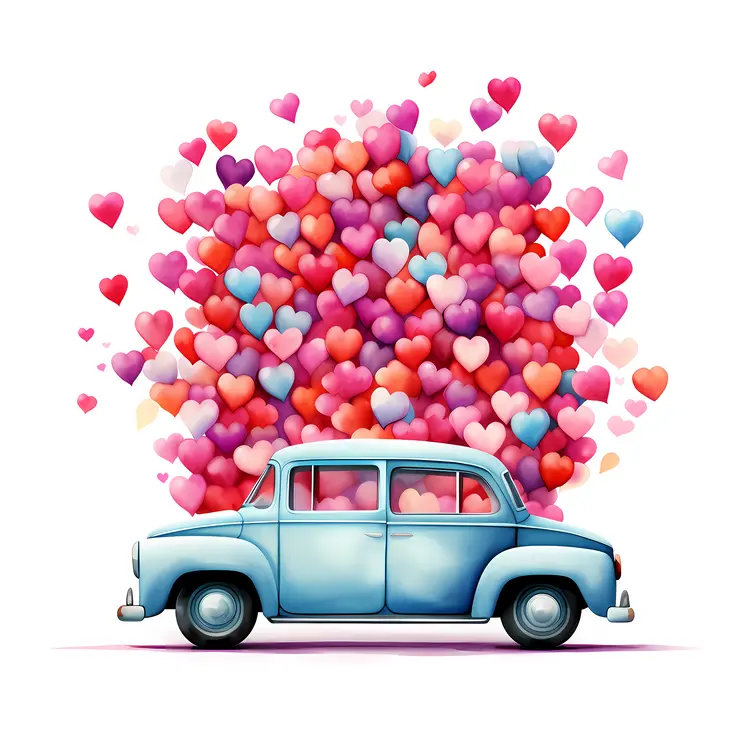 Vintage Blue Car with Colorful Hearts