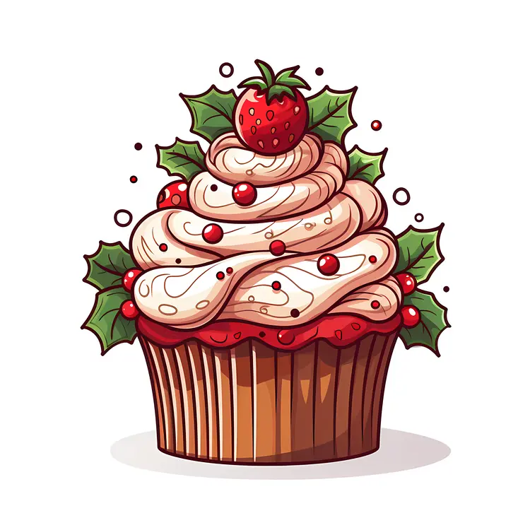 Illustrated Christmas Cupcake with Holly and Berries