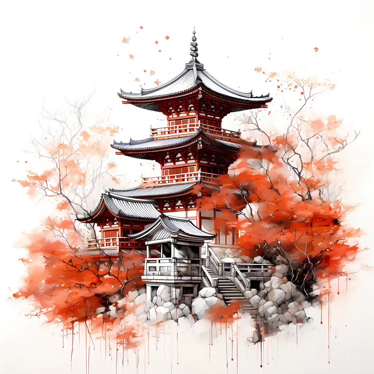 Red Pagoda with Autumn Trees