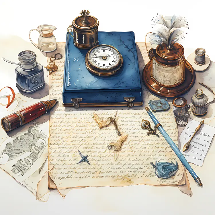 Vintage Writing Tools with Clock and Ink