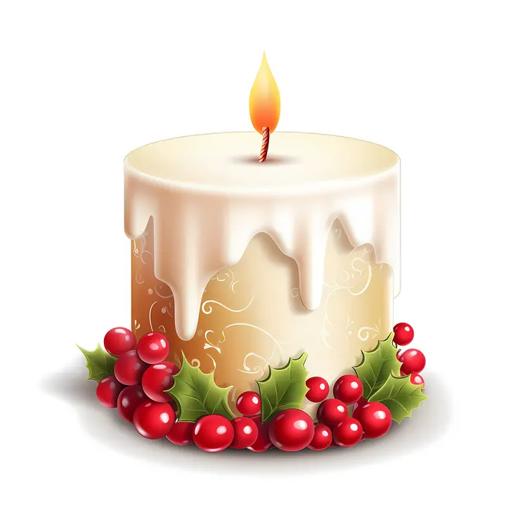 Decorative White Candle with Holly and Berries