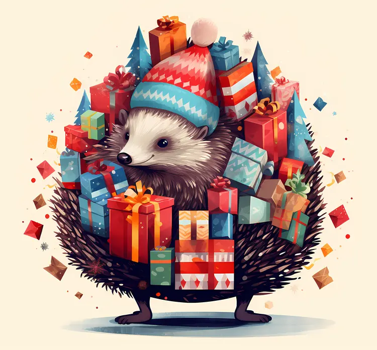 Hedgehog with Christmas Gifts and Hat