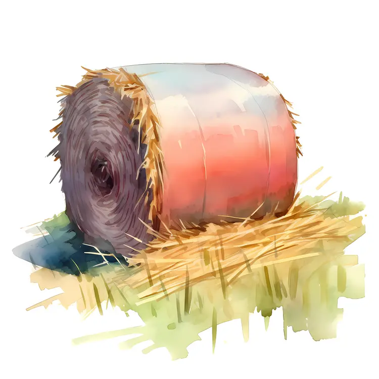 Watercolor Hay Bale in a Field