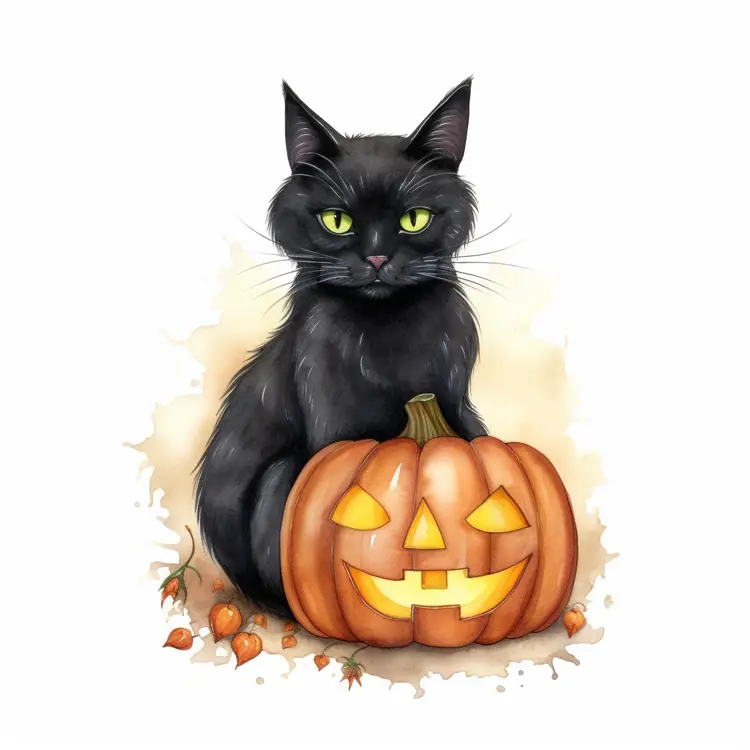 Black Cat with Halloween Pumpkin Illustration