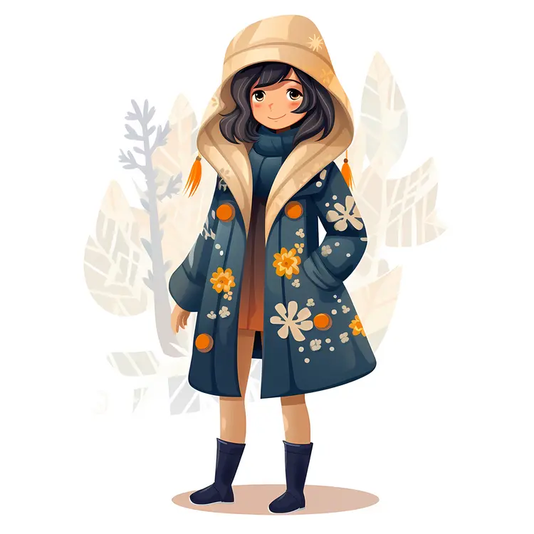 Cute Girl in Floral Winter Coat Illustration