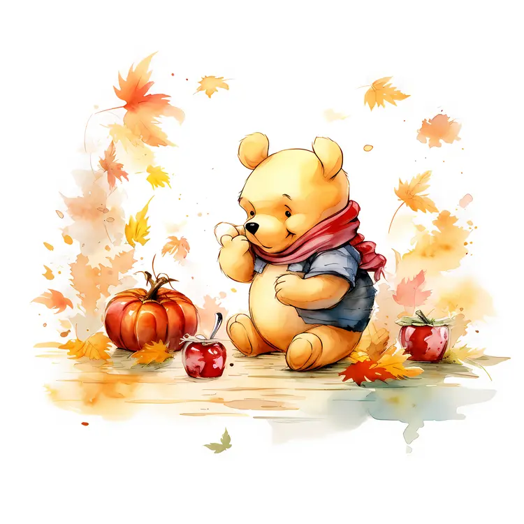 Yellow Bear with Pumpkin and Autumn Leaves