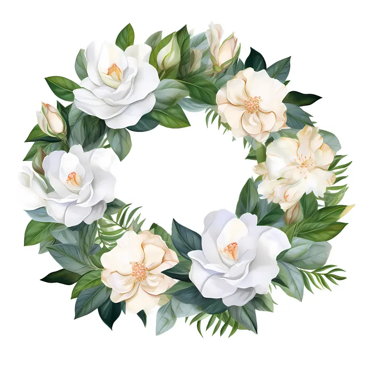 Elegant White Floral Wreath with Green Leaves