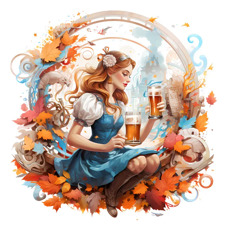 Woman with Beer and Autumn Leaves