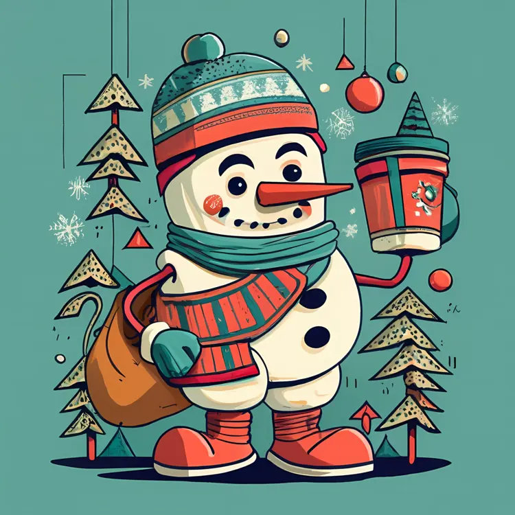 Snowman with Coffee Cup in a Forest