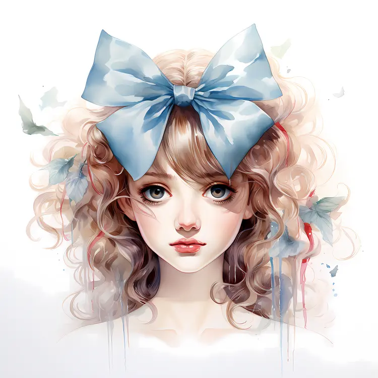 Curly Haired Girl with Blue Bow