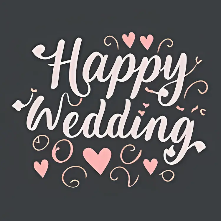 Happy Wedding Text with Hearts and Swirls