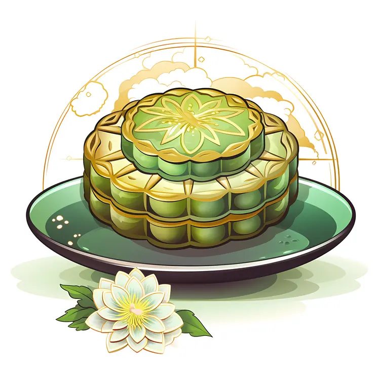 Green Mooncake on Plate with Flower