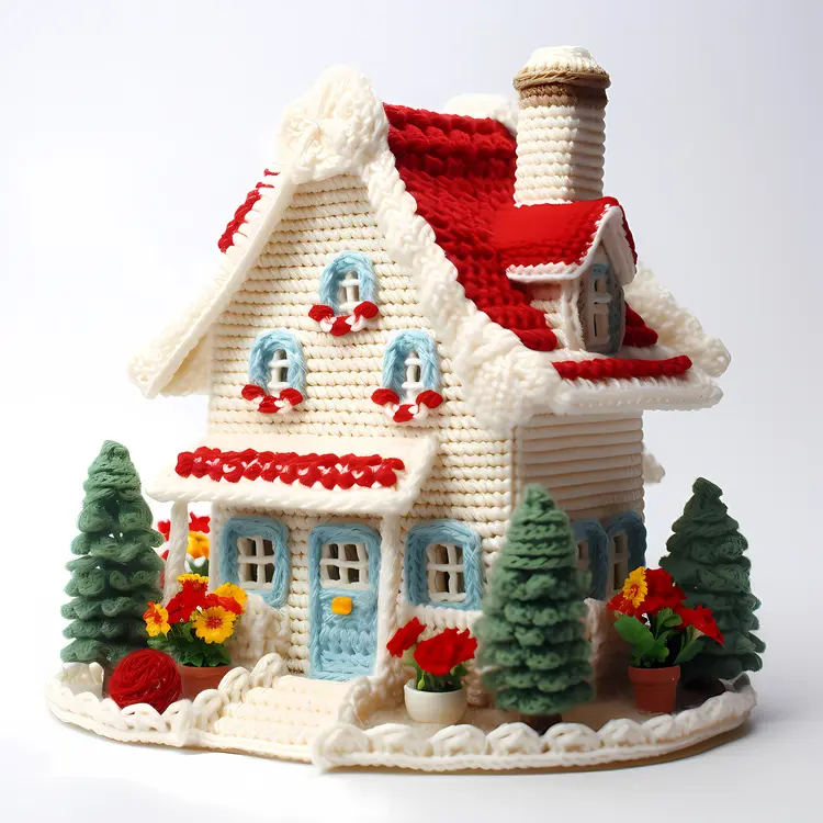 White Gingerbread House with Red Roof and Green Trees