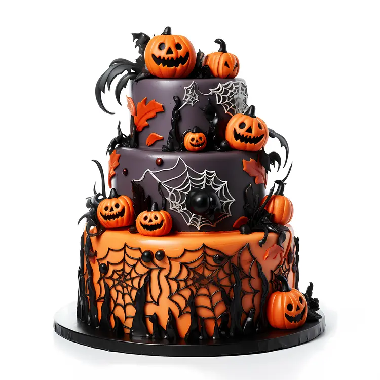 Three-tier Halloween Cake with Pumpkins and Spider Webs