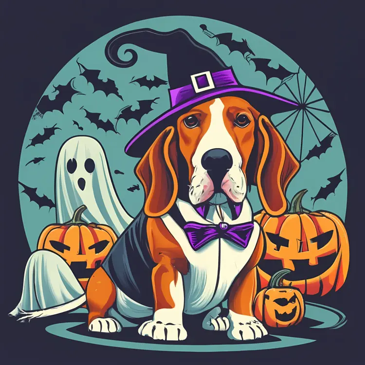 Dog in Witch Costume with Halloween Decorations