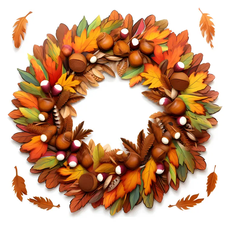 Colorful Autumn Wreath with Leaves and Acorns