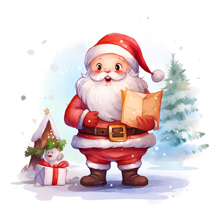 Santa Claus with a List and Gifts