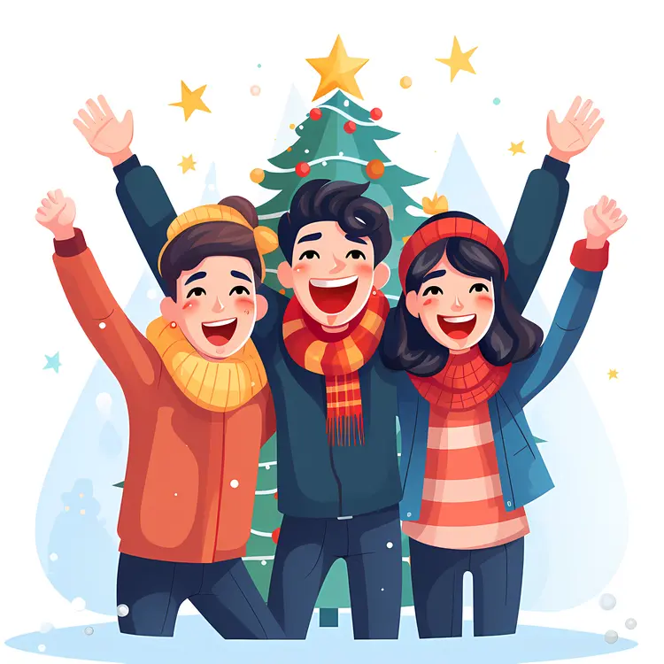 Happy People with Christmas Tree