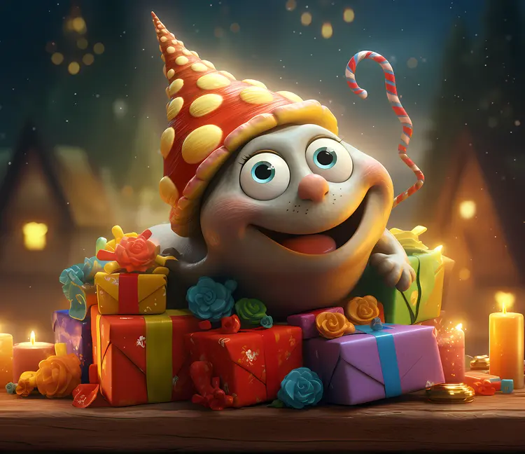 Snail with Party Hat and Holiday Gifts