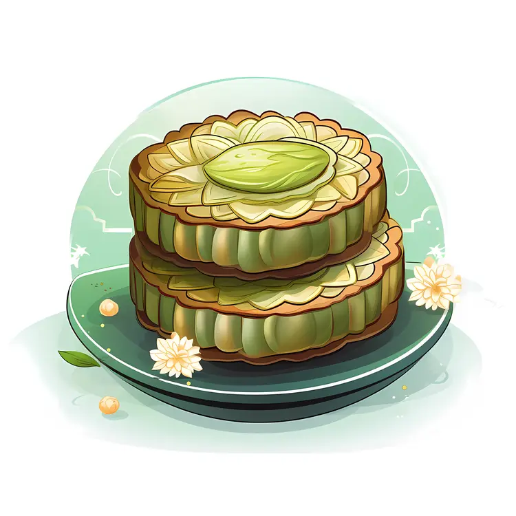 Green Mooncakes with Flower Design on Plate