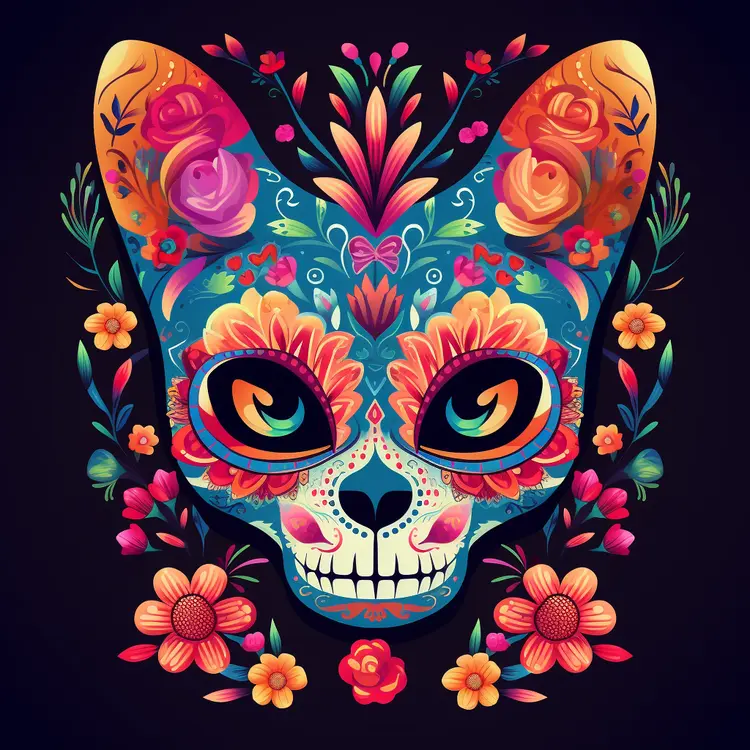 Colorful Sugar Skull Cat for Day of the Dead Celebration